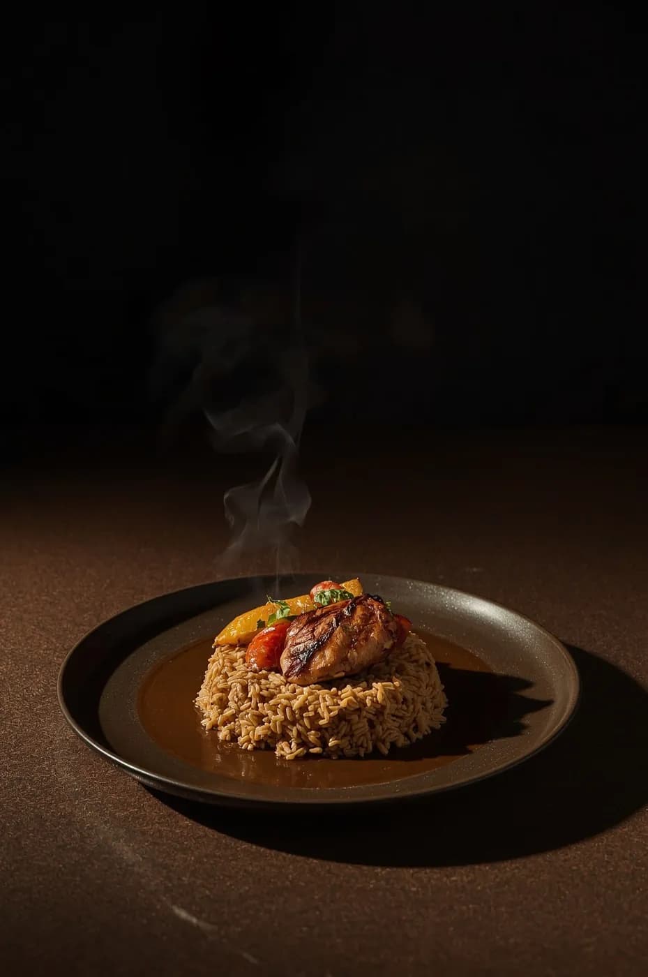 Signature plated jollof hero, 3/4 angle editorial lighting